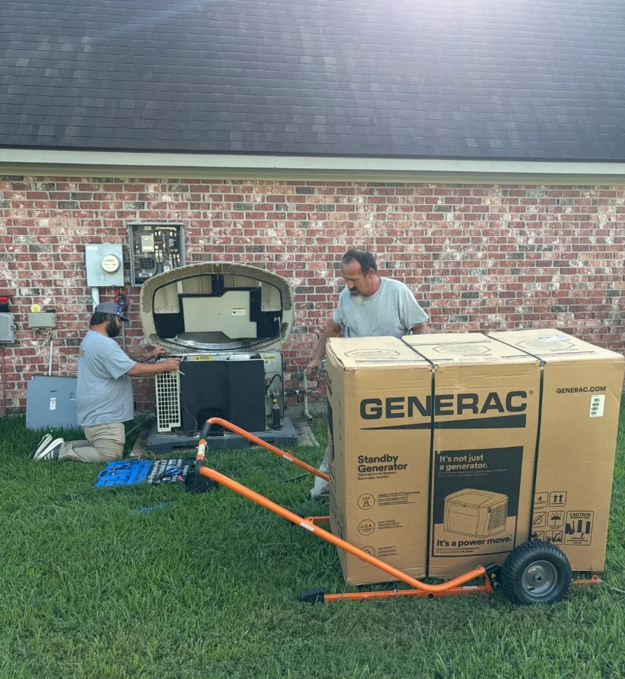 Louisiana Electrical & A/C Service technicians installing a Generac standby generator